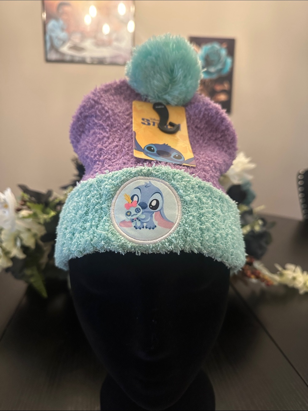 Disney Purple and Mint Green Stitch Pom Beanie Hat
